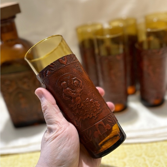 Vintage Amber Glass Decanter Set with Leather Wrap - Picture 8 of 14